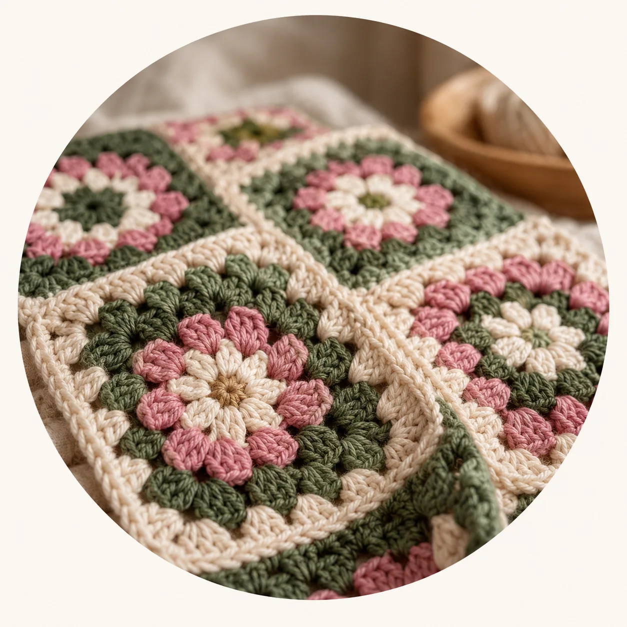 Handmade cream pink and olive granny square crochet blanket