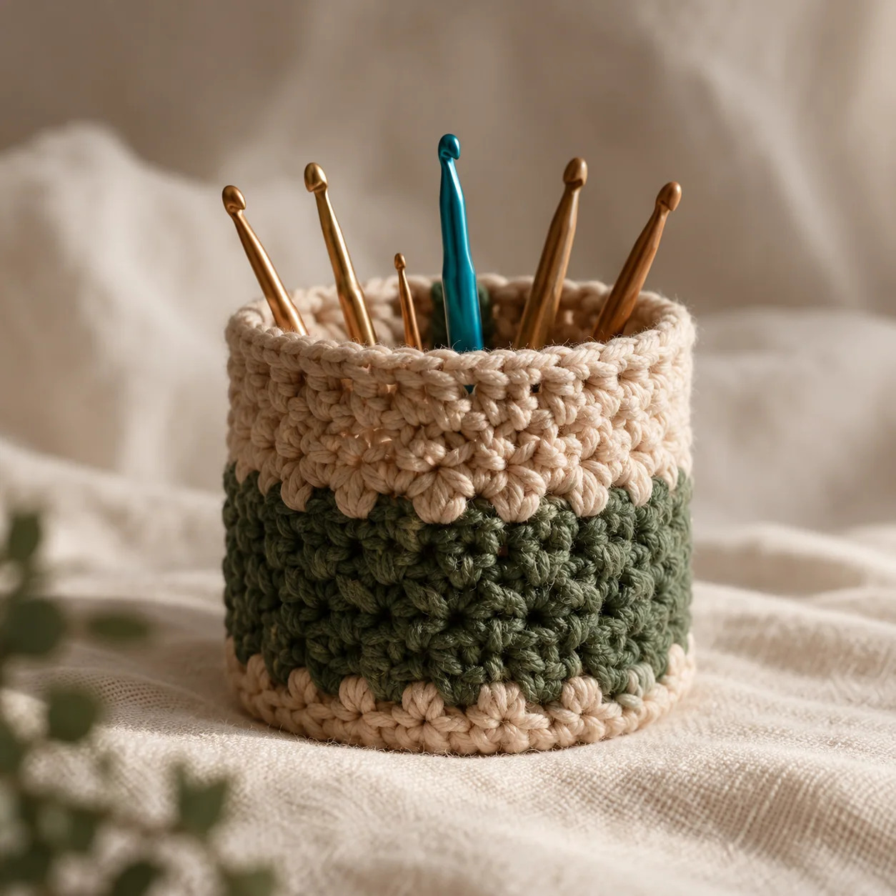Handmade green and cream crochet holder filled with crochet hooks