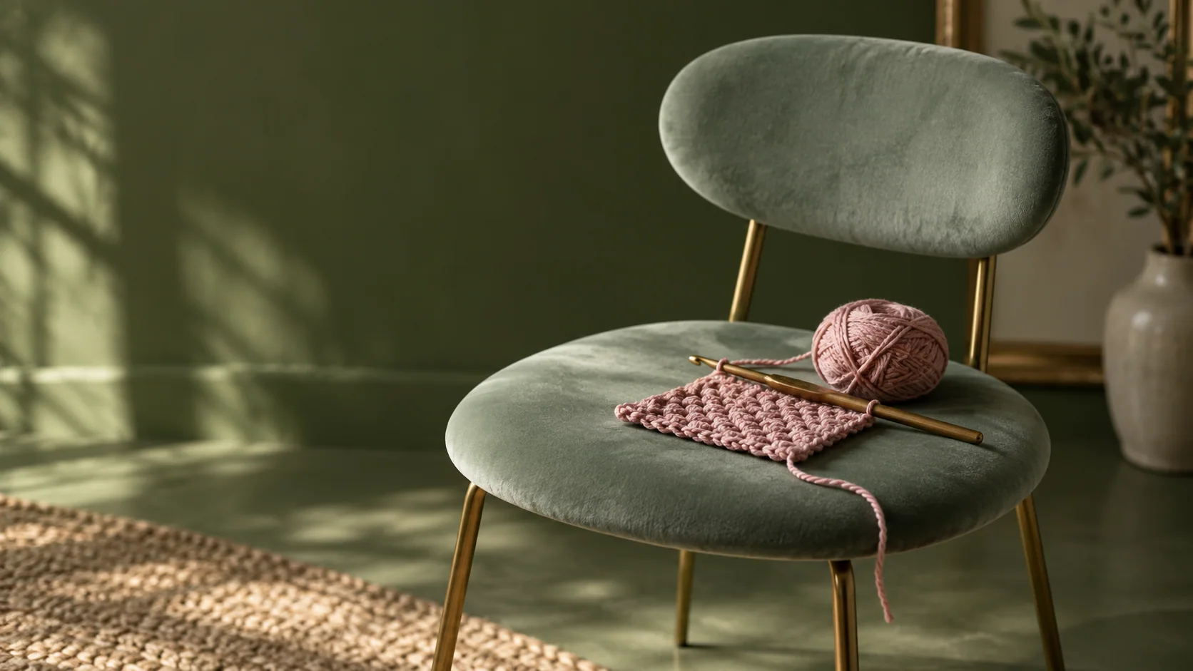 Pink crochet yarn and handmade swatch on a sage green velvet chair