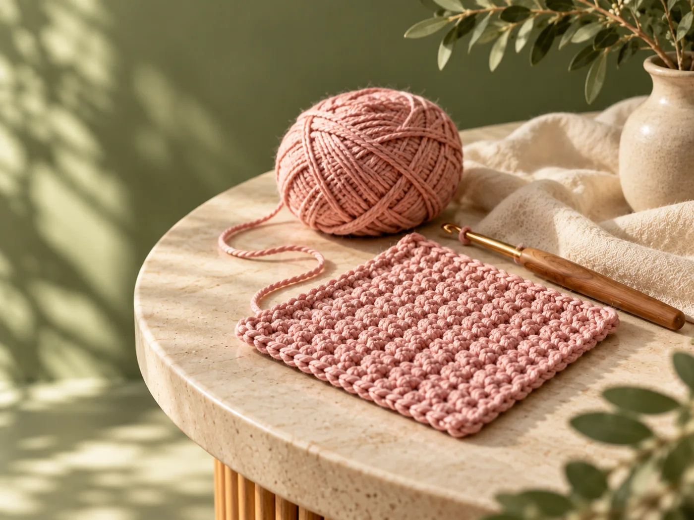 Small, neat rectangular pink crochet swatch on a cream table