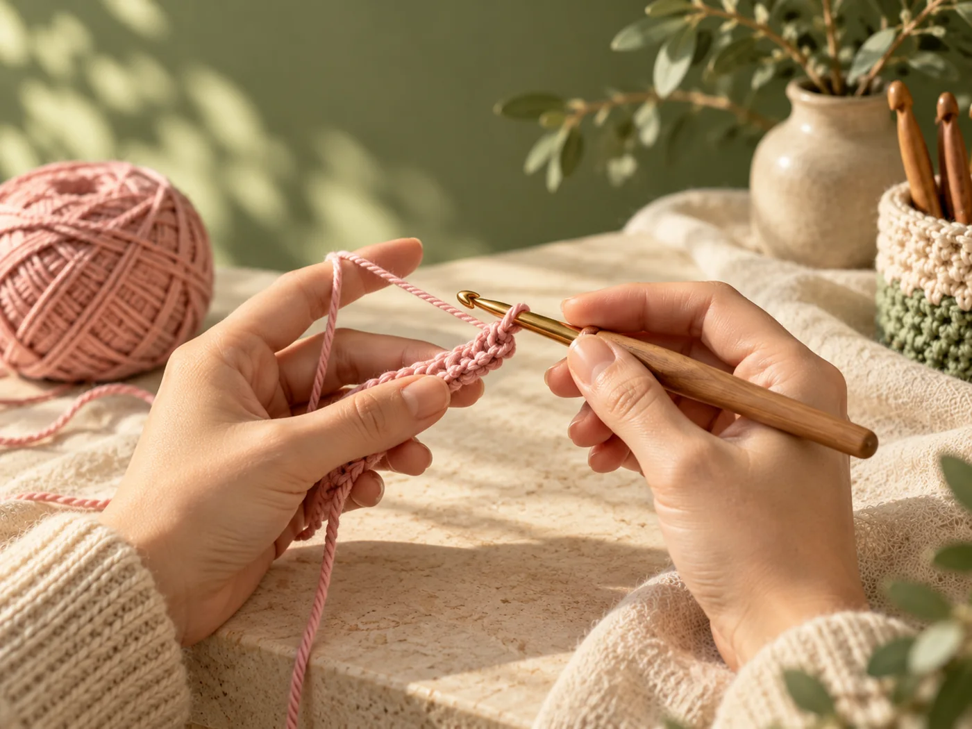 Hands holding a crochet hook and making a beginner foundation chain with pink yarn