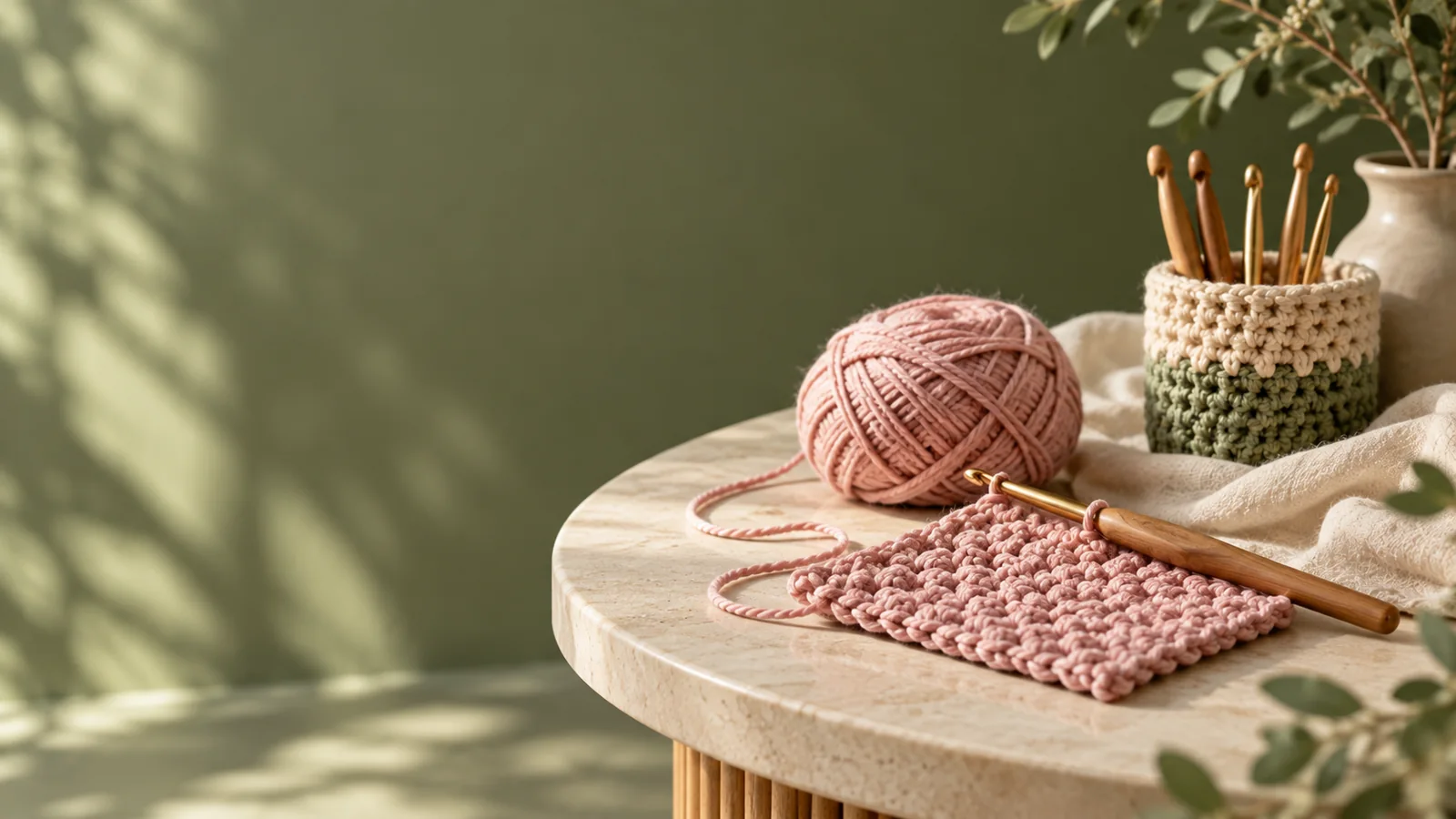 Pink yarn, beginner crochet swatch and crochet hooks on a sunlit cream table