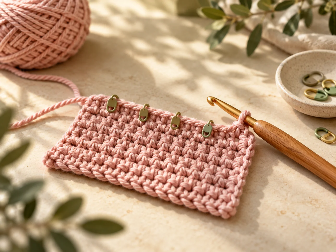 Pink crochet swatch with green stitch markers marking individual stitches