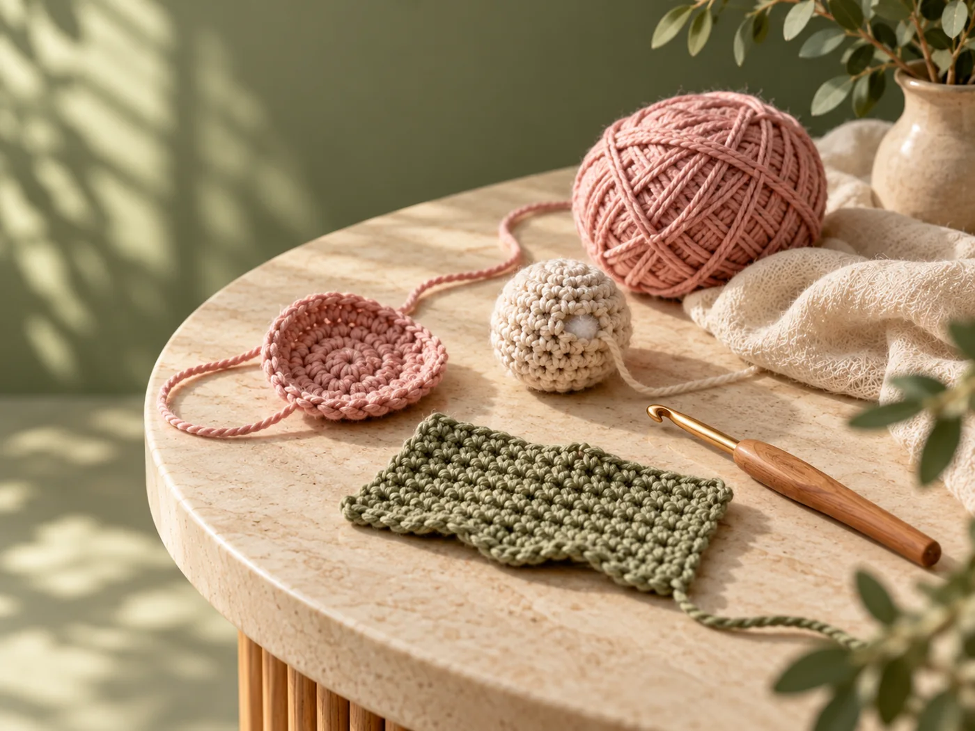 Pink and green beginner crochet practice swatches laid on a cream table