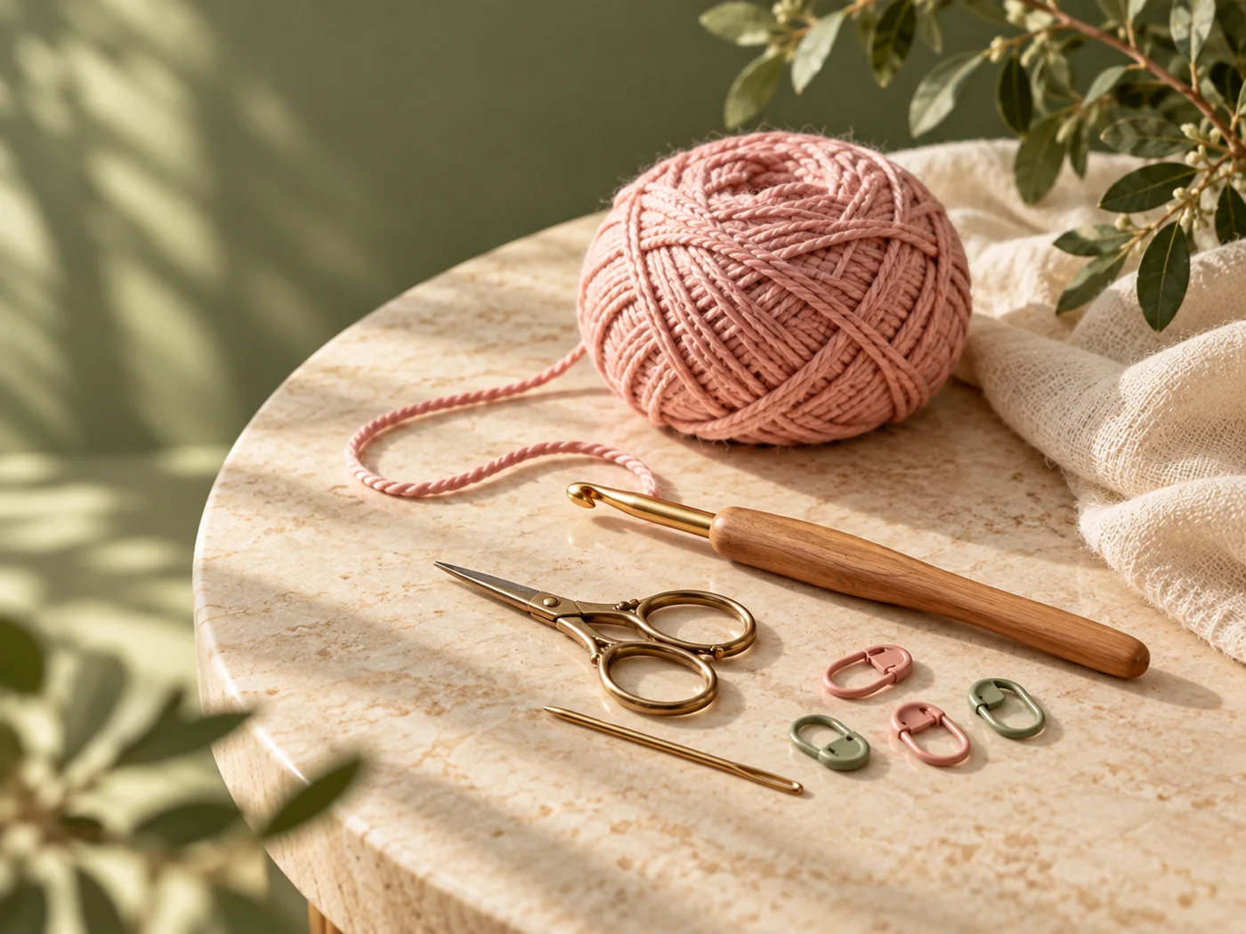 Crochet hook, stitch markers, scissors and pink yarn on a cream tabletop