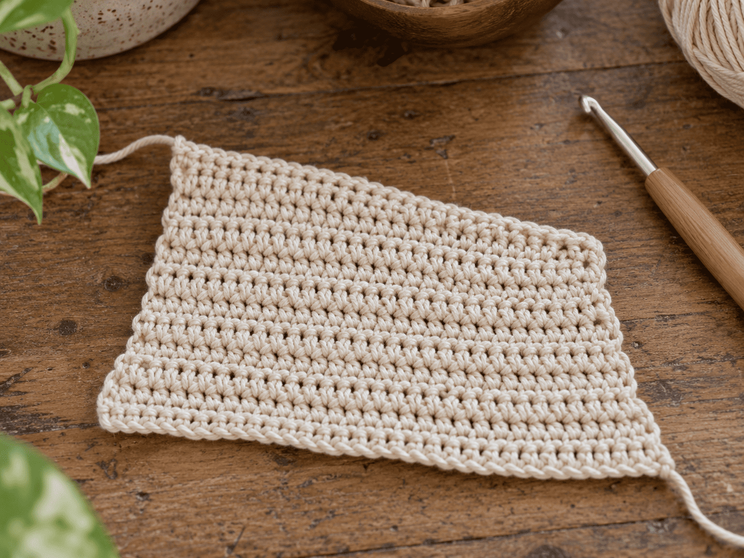 Uneven crochet swatch with slanted edges on a wooden table