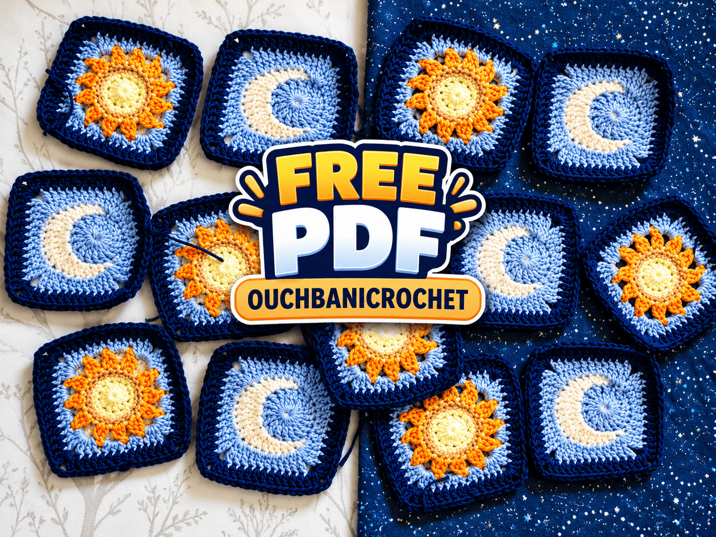 Sun and moon crochet granny squares in blue, yellow and cream yarn, free printable PDF pattern.